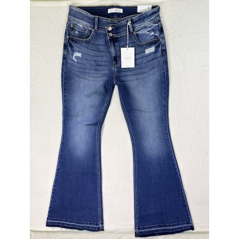 New KanCan Jeans Womens 15/31 Blue Dark Wash High Rise Flare Raw‎ Hem Stretch